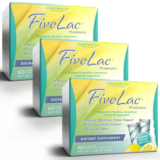 GHT - FiveLac Lemon Probiotic Powder Drink Mix, Probiotics for Women, Men, and Kids - Smooth Digestive Support and Elimination - Relieves Occasional Constipation and Gas - 60 Packets (3 Pack) Non-GMO ght Global Health TraxBuy Supplements Australia