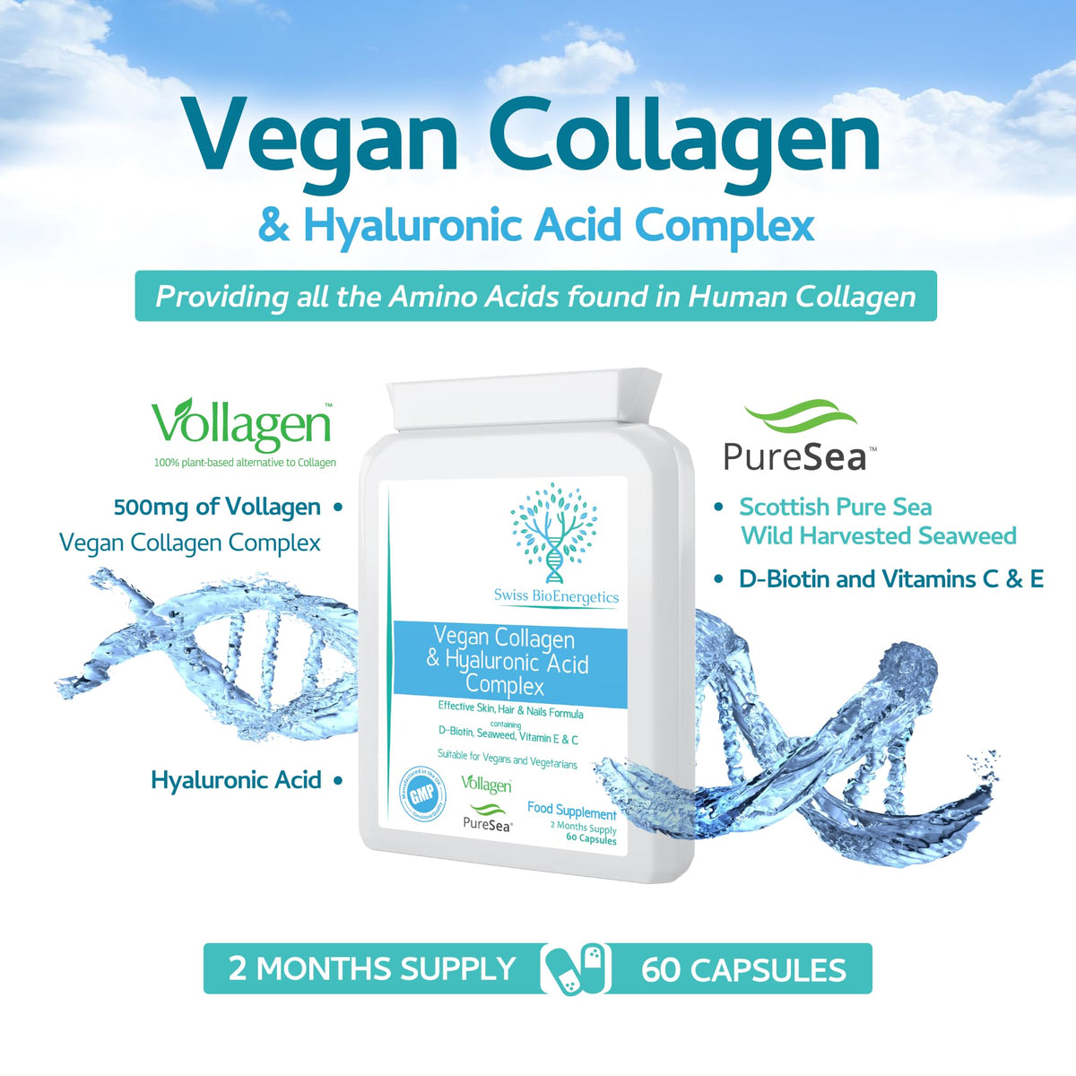 Vegan Collagen & Hyaluronic Acid Complex - 60 Capsules - Effective Skin, Hair & Nails Formula with 500mg swiss bioenergeticsBuy Supplements Australia