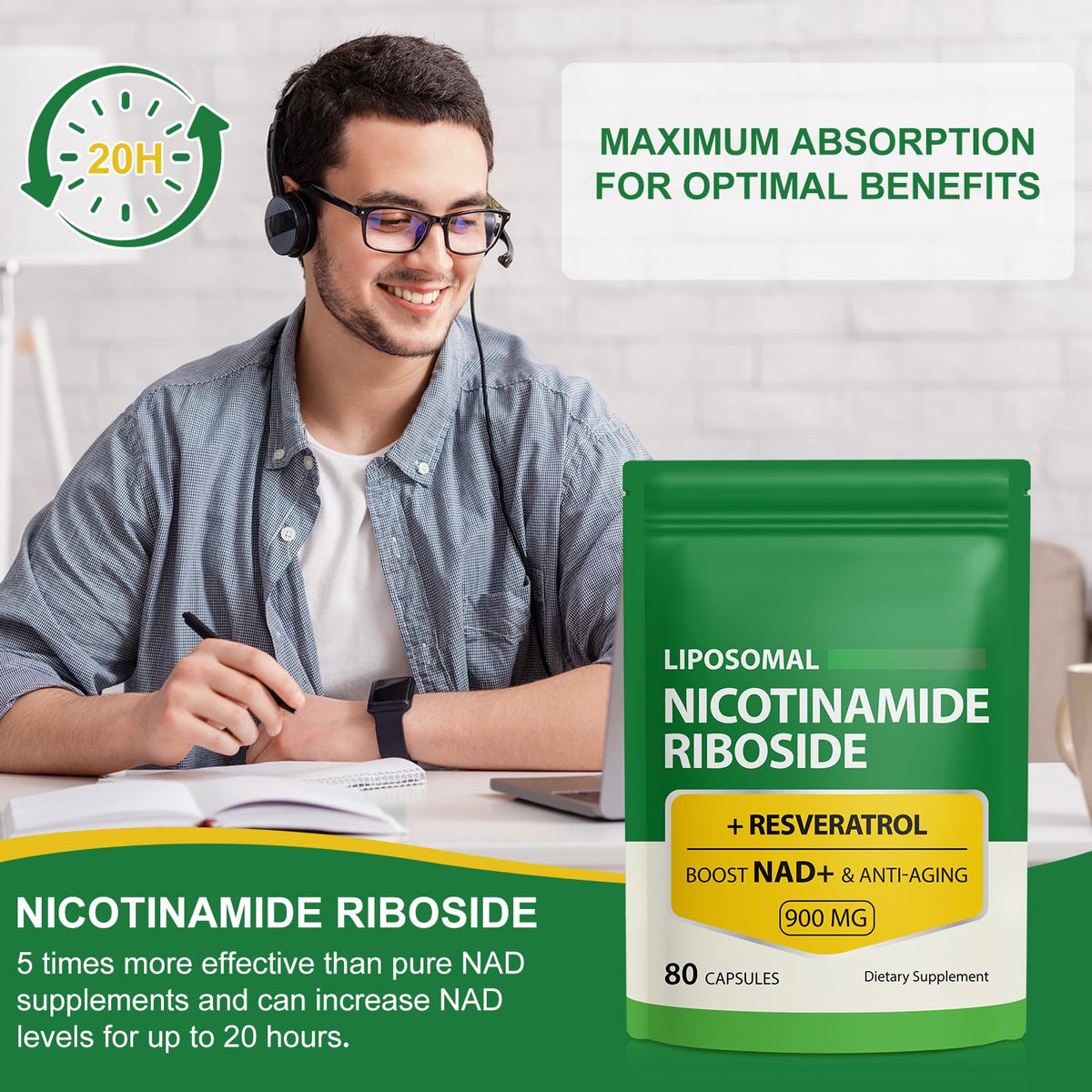 NAD Supplement with Nicotinamide Riboside - Resveratrol,Liposomal Nicotinamide Riboside,Quercetin - High Purity NAD Supplement for Anti-Aging, Focus, Energy 160 Capsules (2 Bag) RuduwuBuy Supplements Australia