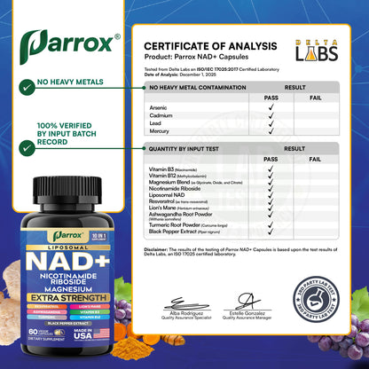 Parrox NAD+ Supplement with Liposomal NAD+, Nicotinamide Riboside, Magnesium, Vitamin B3 & B12, Resveratrol, Turmeric, Ashwagandha, Lion’s Mane,10-in-1 Extra Strength ParroxBuy Supplements Australia