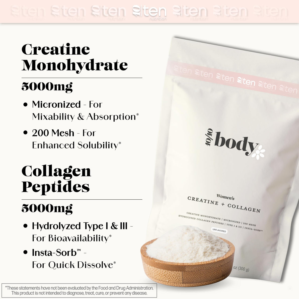 New - Creatine + Collagen for Women – Supports Lean Muscle Growth & Development, Booty Gain, Energy & Recovery – 5g Creatine Monohydrate Plus 5000mg Collagen Peptides Combo – Unflavored, 30 Servings 10Ten NutritionBuy Supplements Australia