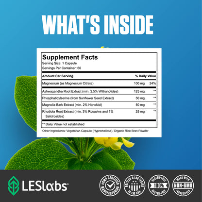 LES Labs Cortisol Health – Stress Relief, Balanced Cortisol Response, Relaxation & Deep Sleep – Phosphatidylserine, Magnesium, Magnolia Bark, Rhodiola Rosea & Ashwagandha – Non-GMO – 60 Capsules LES LabsBuy Supplements Australia