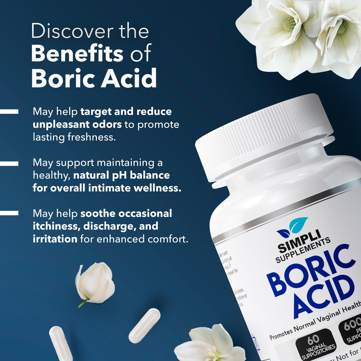 Simpli Supplements Boric Acid Suppositories for Women 600mg – 60 Count | Vaginal pH Balance Support | Feminine Care | Helps Maintain Freshness & Odor Control Simpli SupplementsBuy Supplements Australia