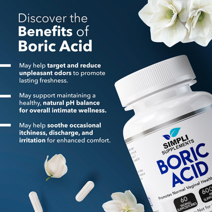 Simpli Supplements Boric Acid Suppositories for Women 600mg – 60 Count | Vaginal pH Balance Support | Feminine Care | Helps Maintain Freshness & Odor Control Simpli SupplementsBuy Supplements Australia