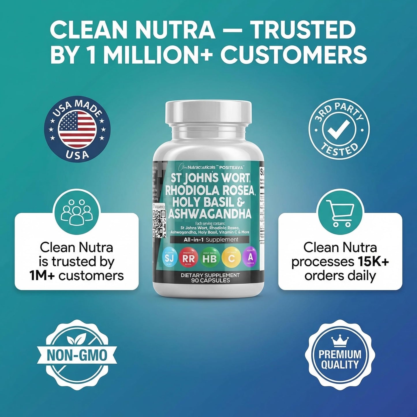 Clean Nutraceuticals St Johns Wort Rhodiola Rosea Holy Basil Ashwagandha - Mood Support for Women and Men with Vitamin C & Black Pepper Extract - 90 Caps Clean Nutraceuticals buy supplements Au