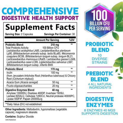 Probiotics 100 Billion CFU Per Serving - 10 Probiotic Strains & Prebiotics - Digestive Gut Health, Immune Support & Occasional Constipation, Gas & Bloating - Daily Supplement For Adults - 60 Capsules Nature's NutritionBuy Supplements Australia