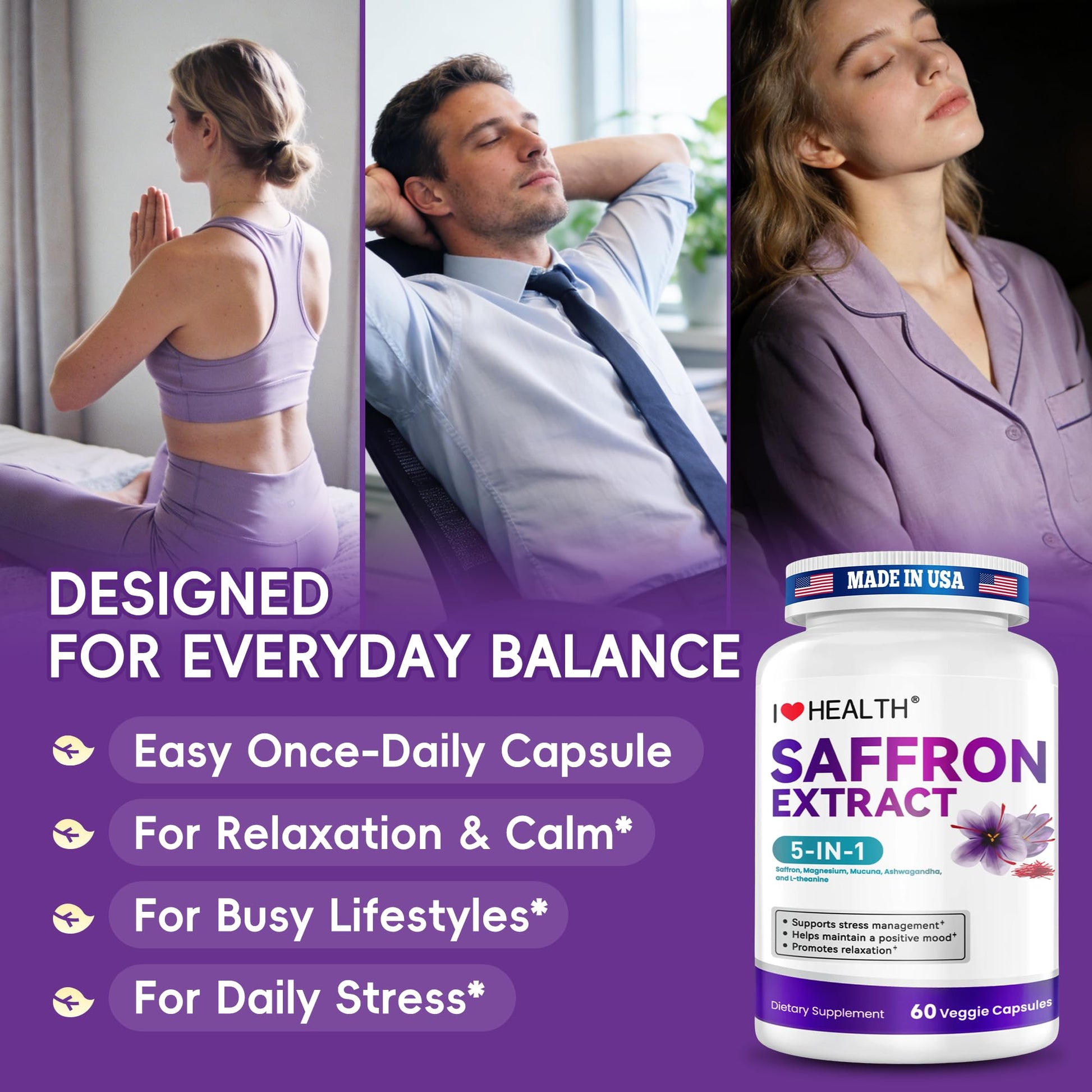 I LOVE HEALTH Saffron Supplement – 88.5mg with Magnesium Glycinate, Ashwagandha & L-Theanine for Stress Relief, Calm Mood & Emotional Balance – Made in USA – 60 Capsules I LOVE HEALTH buy supplements Au