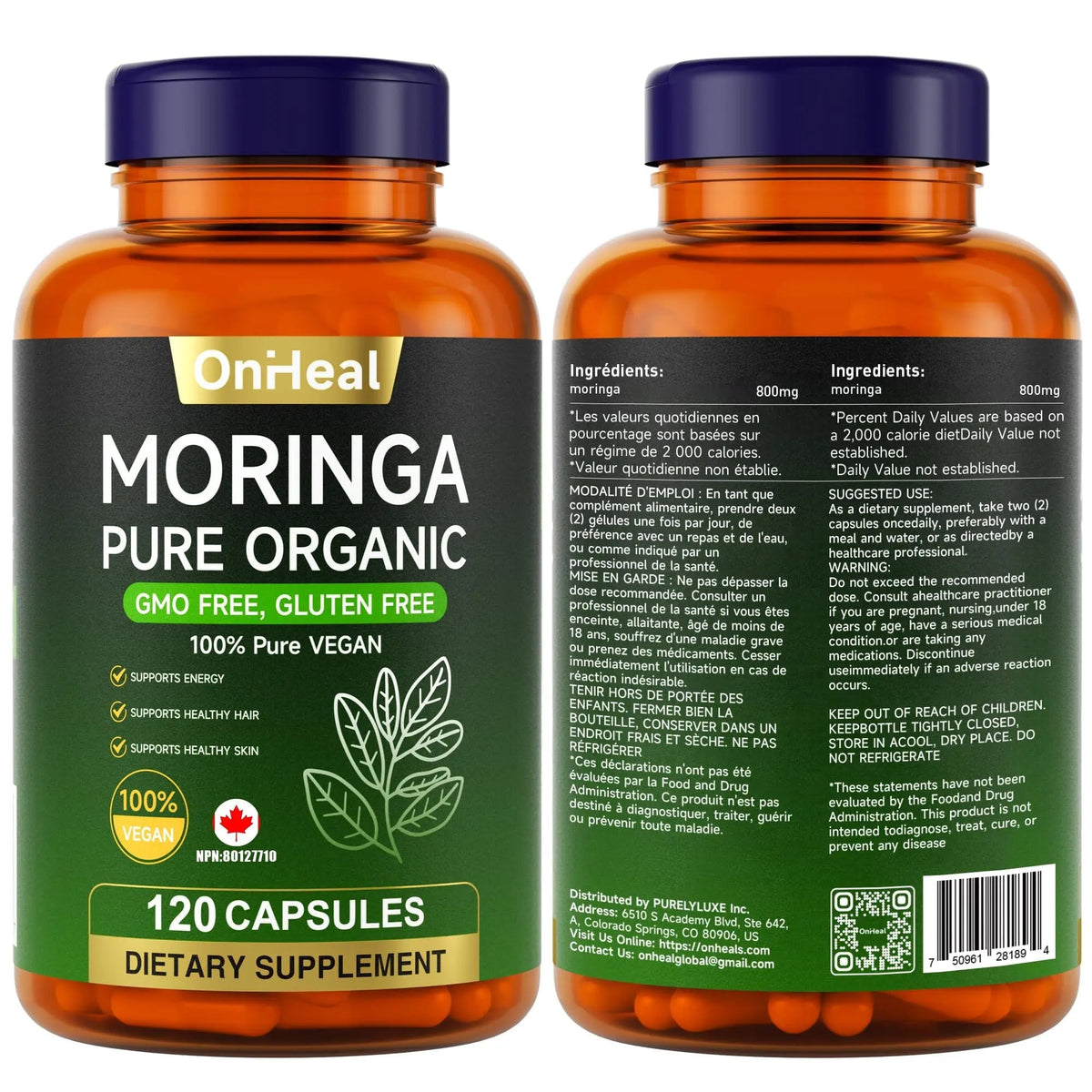 YBFQ Organic Moringa Capsules 1000 mg, 120 Count - Moringa Capsules with Organic Olefeira Powder, Supports Healthy Hair and Skin, Energy and Balance YBFQBuy Supplements Australia