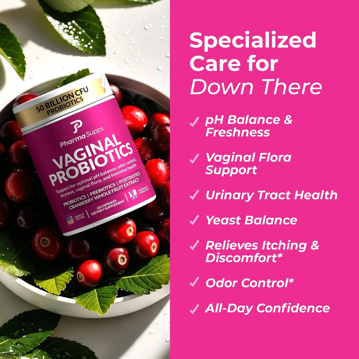 Women’s Probiotic for Vaginal Health | 50 Billion CFU with Probiotics, Prebiotic, Postbiotics & Cranberry for pH Balance, UTI Support, Yeast, Gut Health, Odor, Dryness & Feminine Comfort PharmaSuppsBuy Supplements Australia