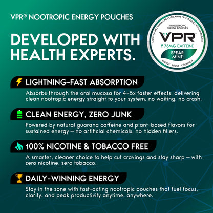 VPR 75MG Caffeine Nootropic Pouches | 20 Count Energy Pouches with Lion's Mane, Alpha-GPC, Vitamin B6 & B12, L-Theanine, and L-Tyrosine | Naturally Flavored Focus Pouches with No Sugar (Variety Pack) VPR EnergyBuy Supplements Australia