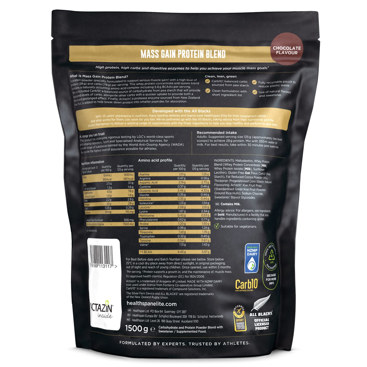 Healthspan Elite All Blacks Mass Gain Protein Blend (1500g) | Chocolate | 28g of Protein Healthspan EliteBuy Supplements Australia