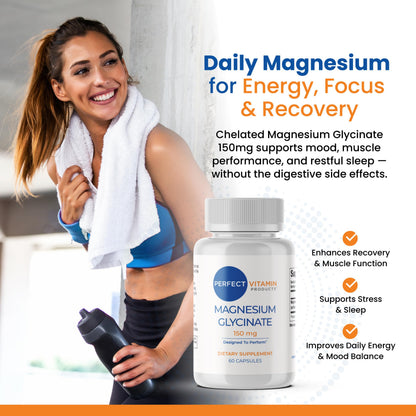 Perfect Vitamin Products Magnesium Glycinate 150mg – Vegan Capsules for Sleep, Stress & Muscle Support – Non-GMO, High Absorption, Gentle on Stomach – (60 Vegan Capsules) Perfect Vitamin ProductsBuy Supplements Australia
