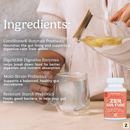 Zen Principle Zenculture™ – 4-in-1 Synbiotic Supplement (Probiotic + Prebiotic + Postbiotic + Digestive Enzymes) with CoreBiome®. Anti Bloating,