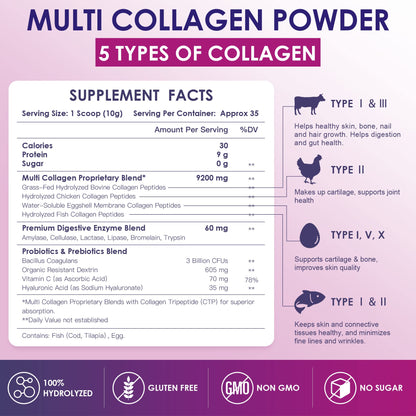 NATURE TARGET Multi Collagen Peptides Powder - Type I, II, III, V, X - Hydrolyzed Collagen Peptides with Vitamin C Hyaluronic Acid, Supports Skin Hair Nail & Joint, Grass-Fed, Non-GMO, 35 Servings NATURE TARGET buy supplements Au