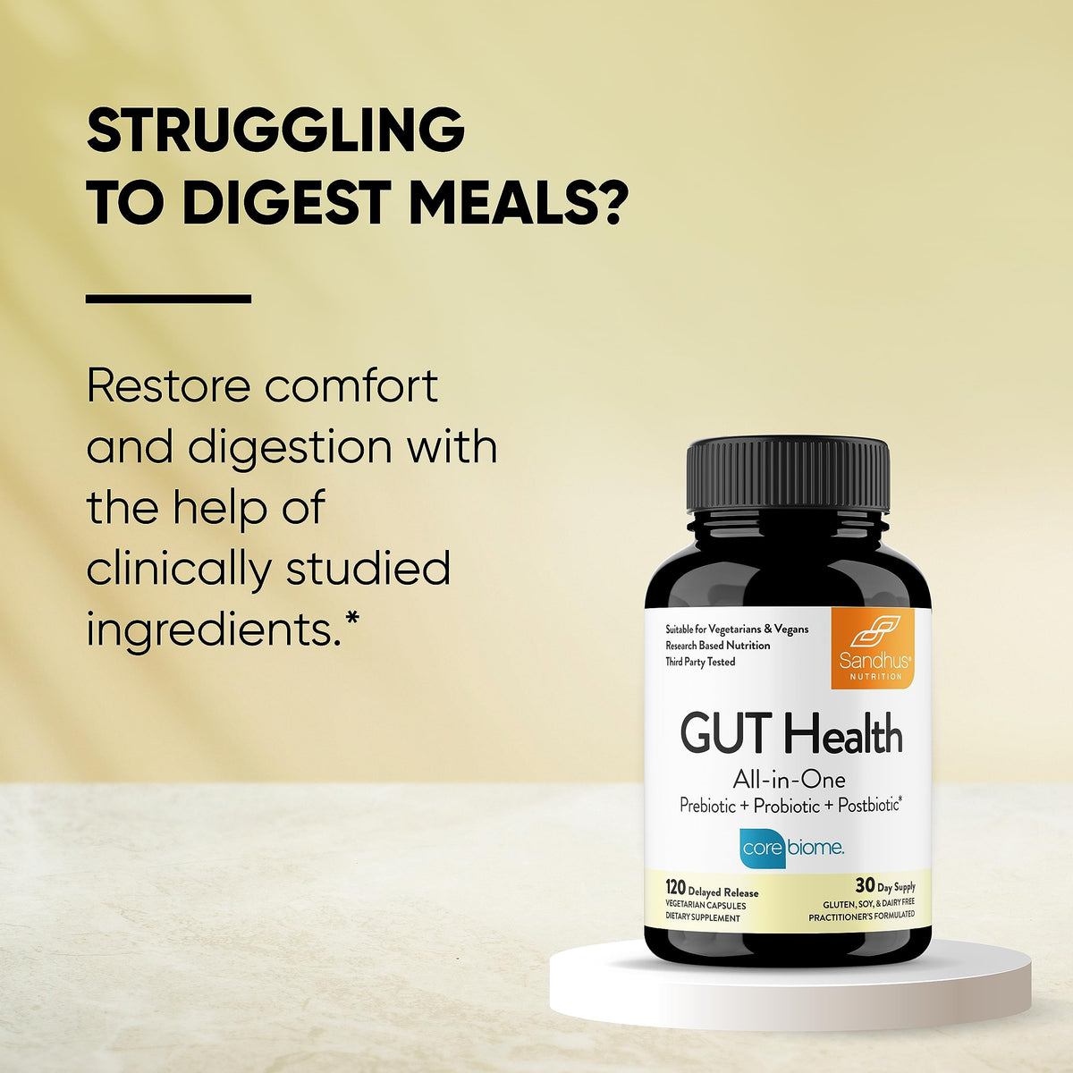 Sandhu's Gut Health - Prebiotic, Probiotic, Postbiotic & L-Glutamine | Digestive Health, Colon, Probiotic Total Supplements | 120 Delayed Release Capsules