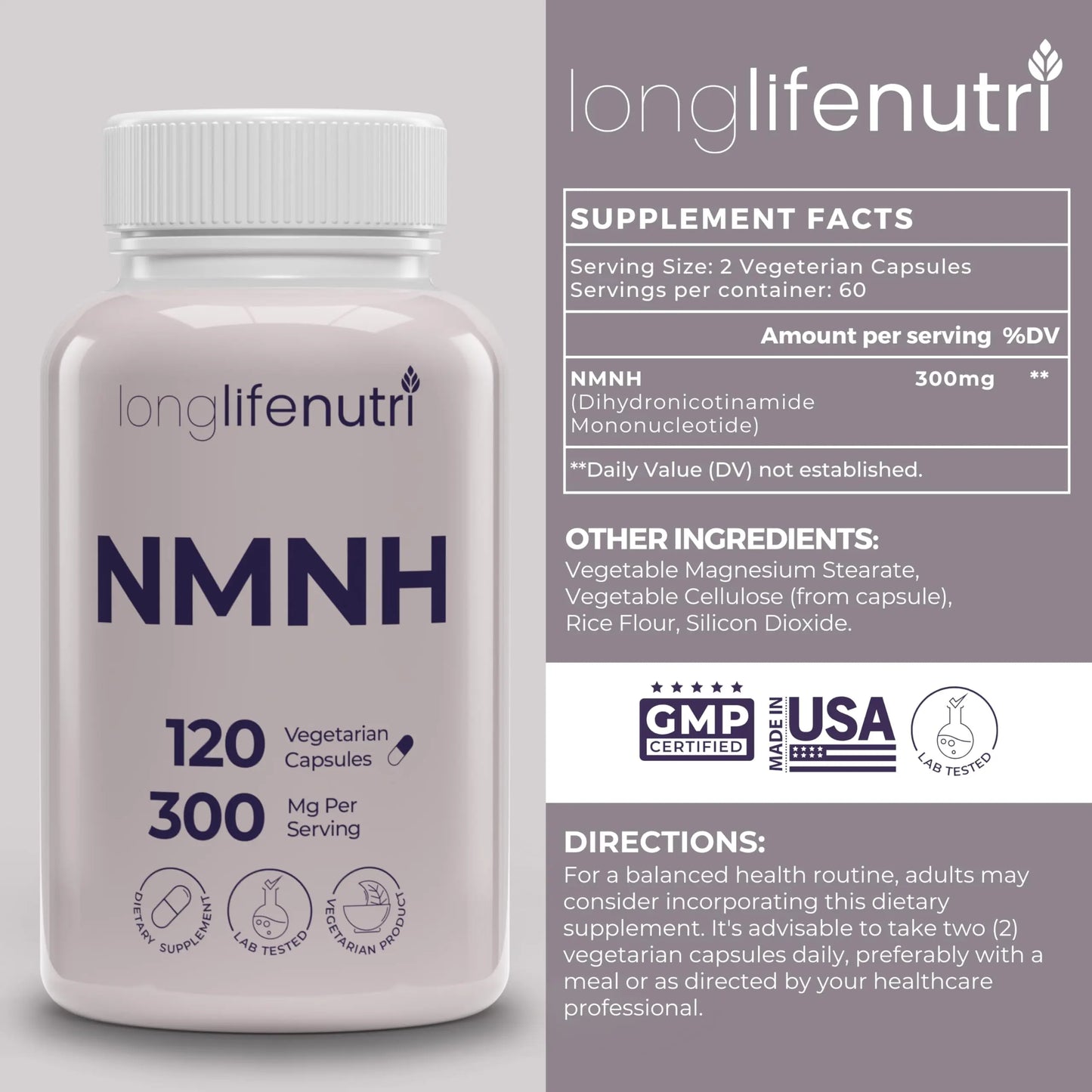 LongLifeNutri NMNH 300mg (Dihydronicotinamide Mononucleotide) - 120 Vegan Capsules, 2-Month Supply, NMN Alternative, NAD Supplement for Energy & Longevity, Lab Tested, Made in USA LongLifeNutriBuy Supplements Australia
