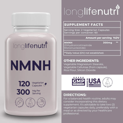 LongLifeNutri NMNH 300mg (Dihydronicotinamide Mononucleotide) - 120 Vegan Capsules, 2-Month Supply, NMN Alternative, NAD Supplement for Energy & Longevity, Lab Tested, Made in USA LongLifeNutriBuy Supplements Australia