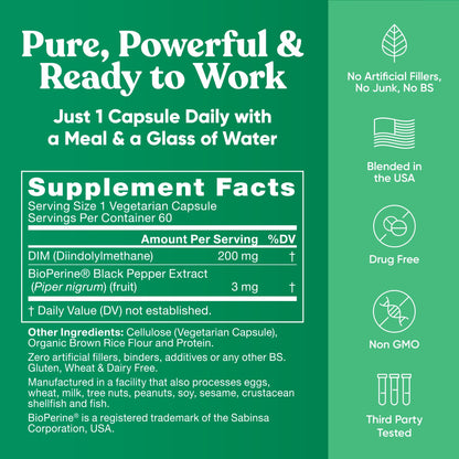 DIM Supplement Pure 200 Mg for Women or Men – Estrogen Hormone Balance Supplement for Energy, Fatigue, Stress, Menopause, Hot Flashes – Enhanced Bioavailability BioPerine – 60 Vegan Soft Capsules Eu NaturalBuy Supplements Australia