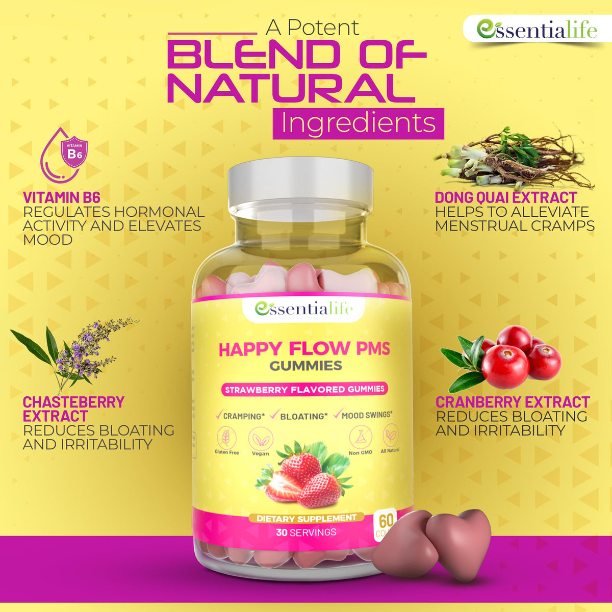 PMS Gummies - Happy Flow PMS Support Supplement for Women - Strawberry PMS Relief Supplement with Vitamin B6 for Hormone Balance, Period Support, Cramps, Hormonal Acne & Bloating Relief (60 Count) EssentialifeBuy Supplements Australia