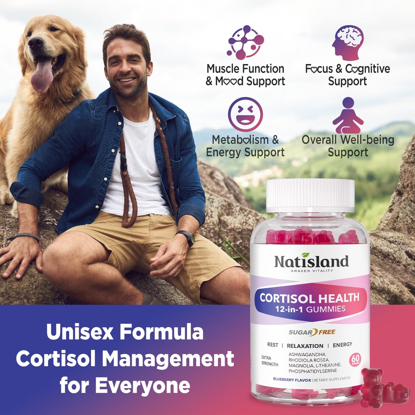 Cortisol Gummies, 12-in-1 Cortisol Reducer, with Magnesium Glycinate, Ashwagandha, L-Theanine, Phosphatidylserine, Vitamin B6 & D3, Rhodiola Rosea, for Men & Women, Sugar-Free, Vegan, NON-GMO, 60CT NATISLANDBuy Supplements Australia