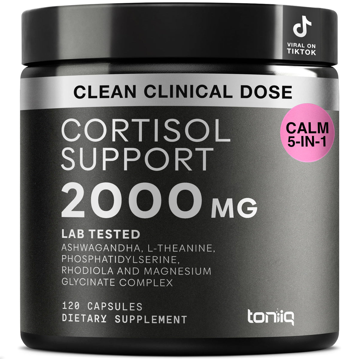 Cortisol Supplement for Women and Men — Calm, Balanced-Strength 5-in-1 Non-Drowsy, Third-Party Tested with Magnesium Glycinate, Ashwagandha, L-Theanine, Phosphatidylserine, Rhodiola — 120 Capsules ToniiqBuy Supplements Australia