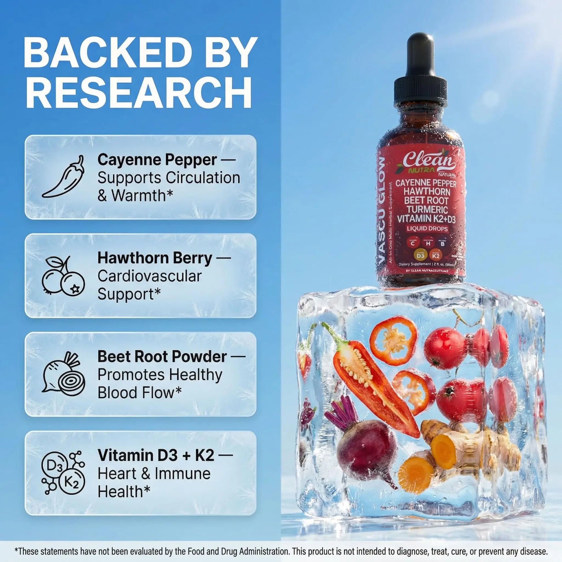 Clean Nutra Cayenne Pepper Drops Supplement Liquid + Hawthorn Berry, Vitamin D3 K2 Beet Root Powder, Ceylon Cinnamon, Turmeric Curcumin Clean Nutraceuticals canada supplements
