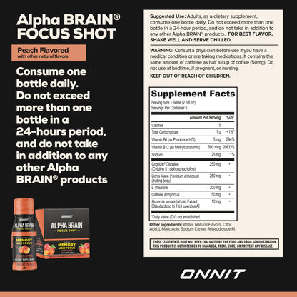 ONNIT Alpha Brain Focus Shot, Peach Flavor, Nootropic Dietary Supplement Drink That Supports Energy, Focus, and Mood, IGEN™ Non-GMO Tested, 2.5 fl oz, 6 Count ONNITBuy Supplements Australia