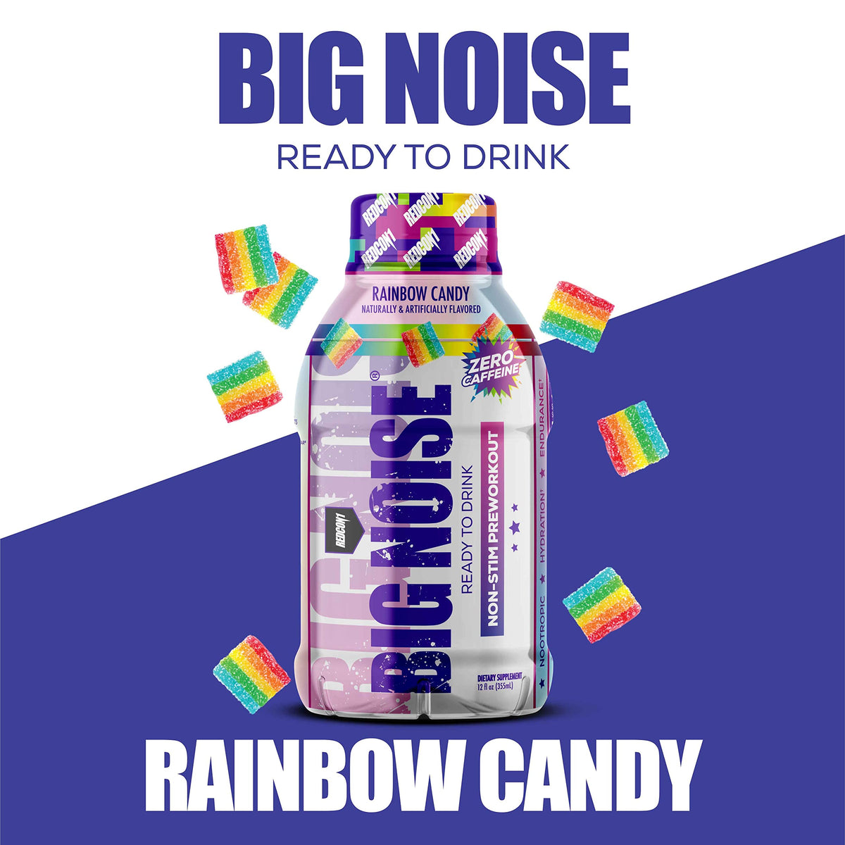 REDCON1 Big Noise RTD Pre Workout Drink, Rainbow Candy - Caffeine-Free Ready-to-Drink Preworkout to Improve Strength + Pumps - Niacin + Citrulline Malate Nitric Oxide Support (12 Bottled Drinks)