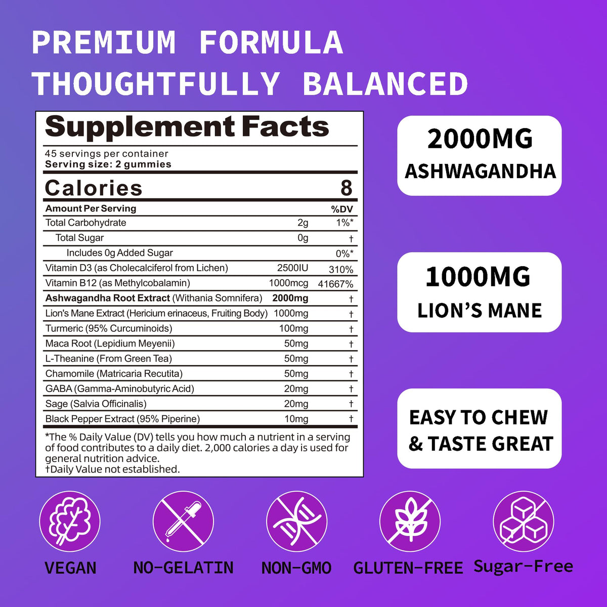 Ashwagandha Gummies - 2000MG Organic Ashwagandha & Lions Mane Gummies for Adults with Vitamin D3 B12, L-Theanine, Cortisol Supplements for Women & Men, Sugar-Free, Vegan, Berry Flavor - 90 Counts BrixxlorBuy Supplements Australia