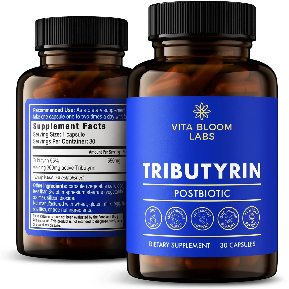 Tributyrin Supplement - Better Delivery & More Effective than Sodium Butyrate - Gut Health & Digestive Support - 3-in-1 Butyrate Postbiotics for Leaky Gut & Gut Barrier Support - 30 Capsules Vita Bloom LabsBuy Supplements Australia