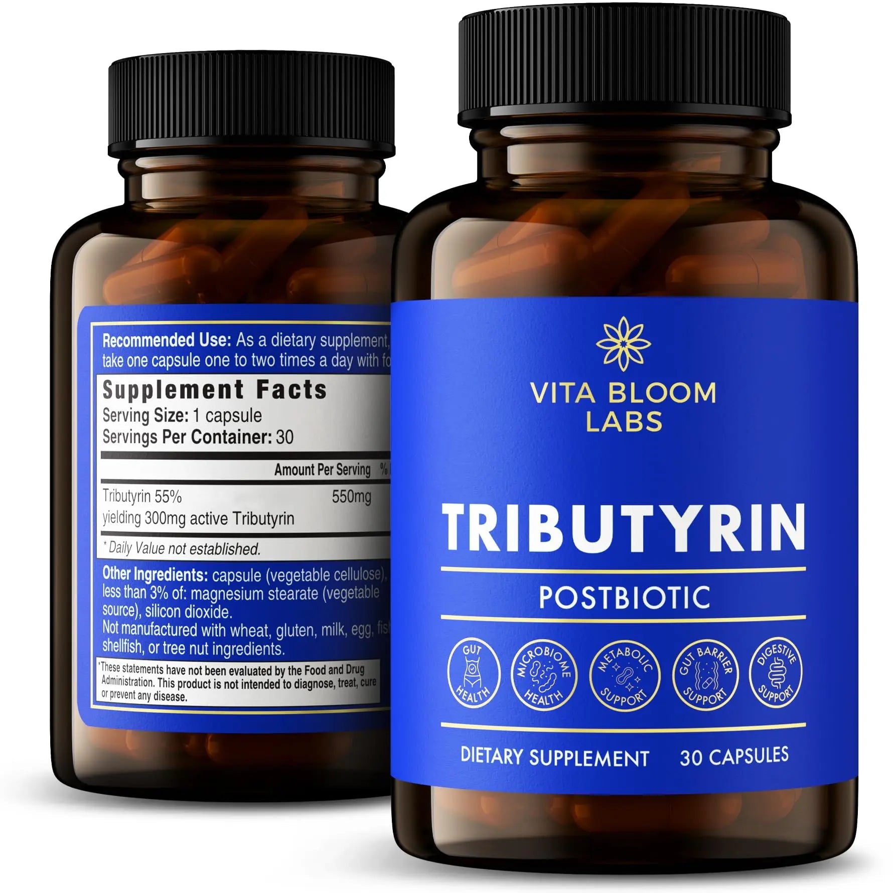 Tributyrin Supplement - Better Delivery & More Effective than Sodium Butyrate - Gut Health & Digestive Support - 3-in-1 Butyrate Postbiotics for Leaky Gut & Gut Barrier Support - 30 Capsules Vita Bloom LabsBuy Supplements Australia