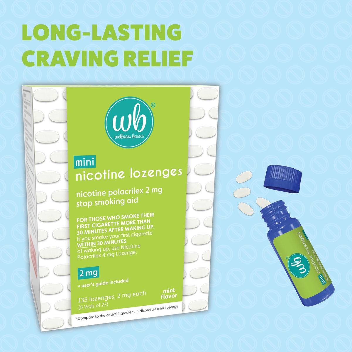 Wellness Basics Mini Nicotine Lozenge 2mg | Stop Smoking Aid | Mint Flavor | 135 Count | Pack of 5 Vials | Reduces Cravings & Withdrawal Symptoms Wellness Basics buy supplements Au