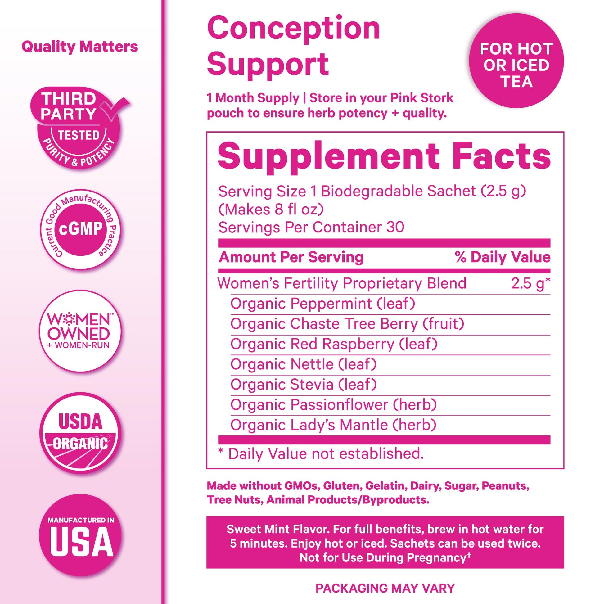 Pink Stork Organic Fertility Tea for Women | Fertility Supplements for Women with Chaste Tree Berry (Vitex) + Red Raspberry Leaf | Hormone Balance Herbal Tea for Conception Support | USDA Organic, Caffeine Free - Sweet Mint, 15 Sachets Pink StorkBuy Supplements Australia