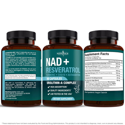 NEW AGE NAD+ Supplement Complex – NAD+ 300 mg with Astaxanthin, Urolithin A, Resveratrol, CoQ10 & Antioxidant Blend – Cellular Energy, Support or Women & Men – Vegan, Non-GMO- 120 Count NEW AGEBuy Supplements Australia