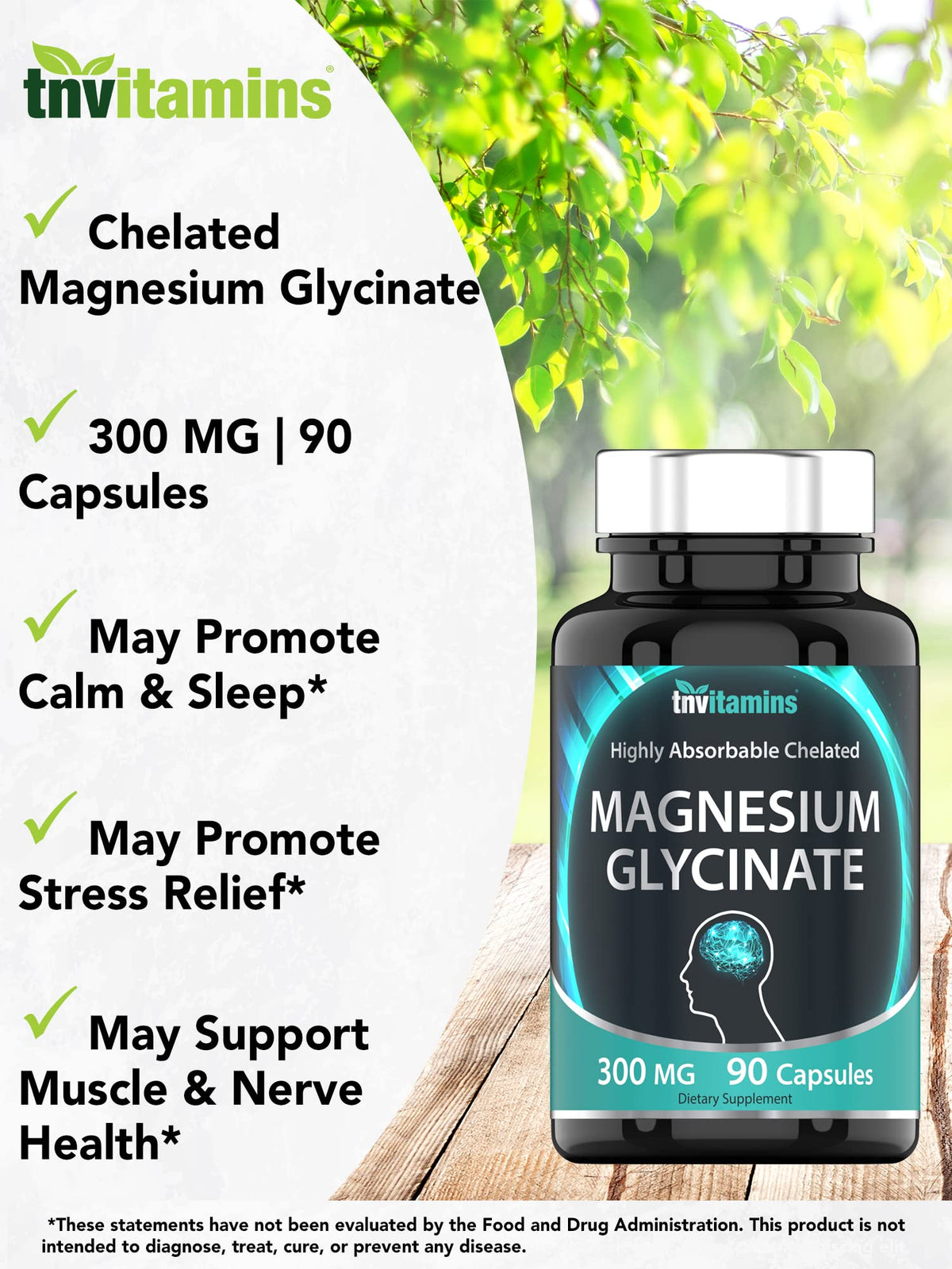 tnvitamins Magnesium Glycinate 300mg, 90 Capsules | High Absorption Chelated Magnesium for Sleep, Calm & Muscle Support
