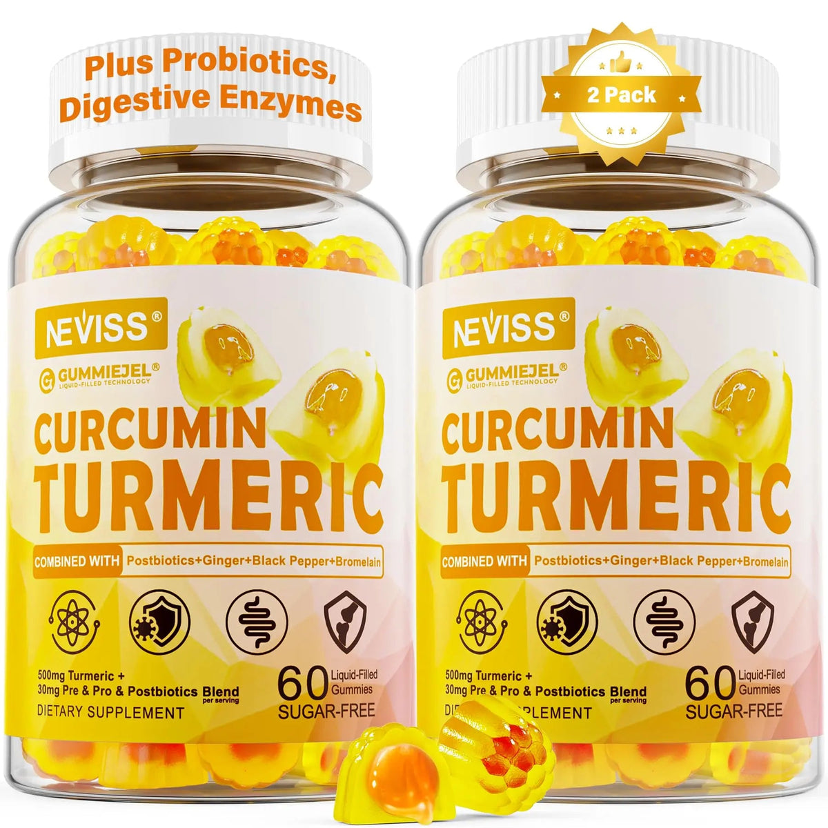 Sugar Free Turmeric Curcumin Filled Gummies 550mg for Adults, Ginger & Black Pepper | 95% Curcuminoids w/Prebiotic Probiotic & Postbiotic Blend, Support, Immune & Digestive Health, Vegan, 2Pack NEVISSBuy Supplements Australia