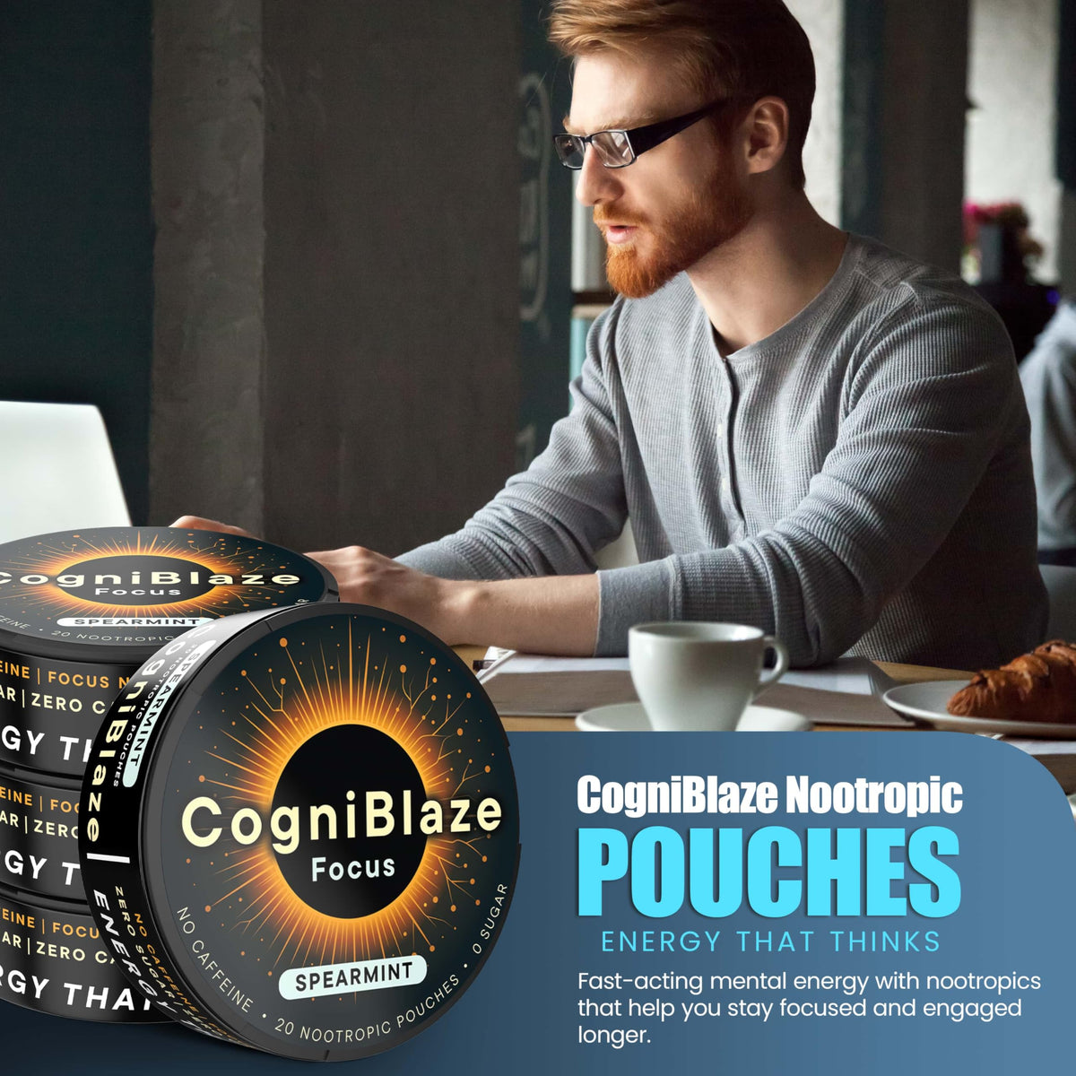 CogniBlaze Nootropic Pouches Caffeine Free (Spearmint) | 80 Focus Pouches for Clarity | 4 Pack (20 Per Can) | Mental Energy Pouches | 25mcg Huperzine A per Nootropic Pouch | Zero Calories CogniBlazeBuy Supplements Australia