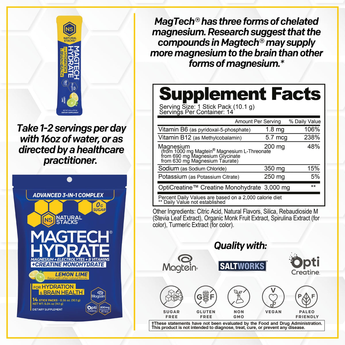 Magtech Magnesium Capsules + Hydration Creatine Powder Lemon Lime Bundle - 3 Forms of Magnesium - Featuring Magtein L-Threonate - Brain Health & Hydration Support* - 44 Total Servings NATURAL STACKSBuy Supplements Australia