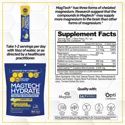 NATURAL STACKS Magtech Magnesium Hydrate + Creatine - Sugar Free Electrolyte Drink - Magtein Magnesium L-Threonate, Glycinate & Taurate - Supports Hydration & Cellular Energy - 14 Hydration Packets NATURAL STACKSBuy Supplements Australia