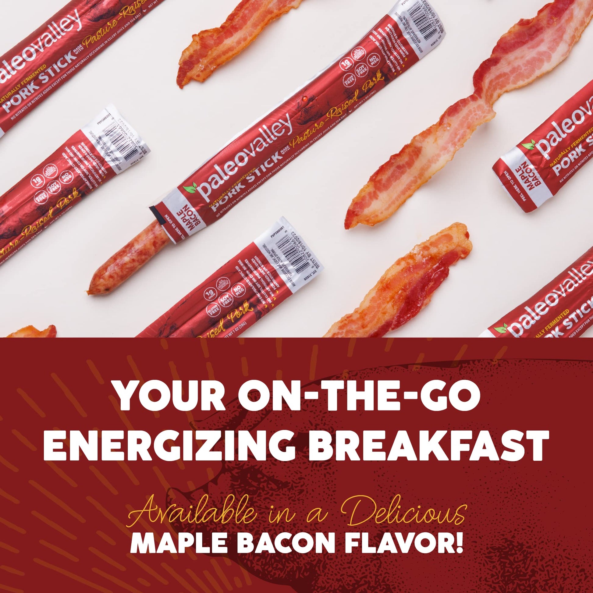 Paleovalley Pasture-Raised Pork Sticks - Maple Bacon Flavor Meat Sticks Individually Wrapped, 28g - 10 Sticks - Gluten-Free Protein Snack PaleovalleyBuy Supplements Australia