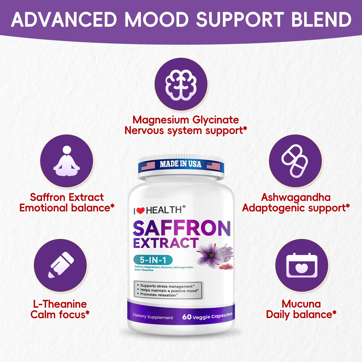 I LOVE HEALTH Saffron Supplement – 88.5mg with Magnesium Glycinate, Ashwagandha & L-Theanine for Stress Relief, Calm Mood & Emotional Balance – Made in USA – 60 Capsules I LOVE HEALTH buy supplements Au