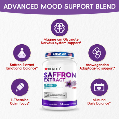 I LOVE HEALTH Saffron Supplement – 88.5mg with Magnesium Glycinate, Ashwagandha & L-Theanine for Stress Relief, Calm Mood & Emotional Balance – Made in USA – 60 Capsules I LOVE HEALTH buy supplements Au