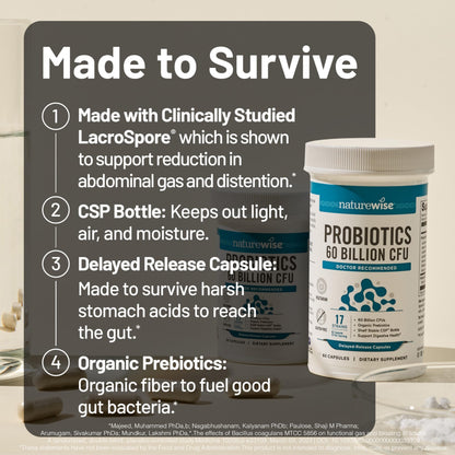 NatureWise Probiotics 60 Billion CFU - 17 Strains + Organic Prebiotics - Immune, Digestive & Gut Health Support for Women & Men - Vegetarian, Gluten-Free,