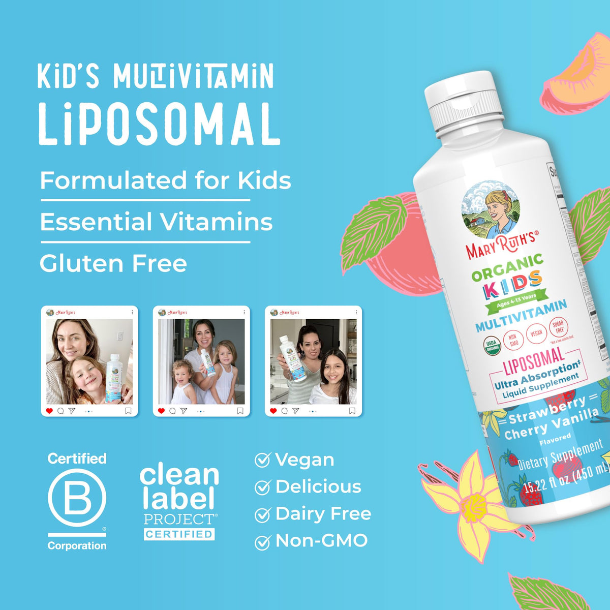 MaryRuth Organics Kids Multivitamin Liposomal | Vegan, Sugar-Free Vitamins for Kids | Ages 4+ | 2 Month Supply | 15.22 Fl Oz MARYRUTH'SBuy Supplements Australia