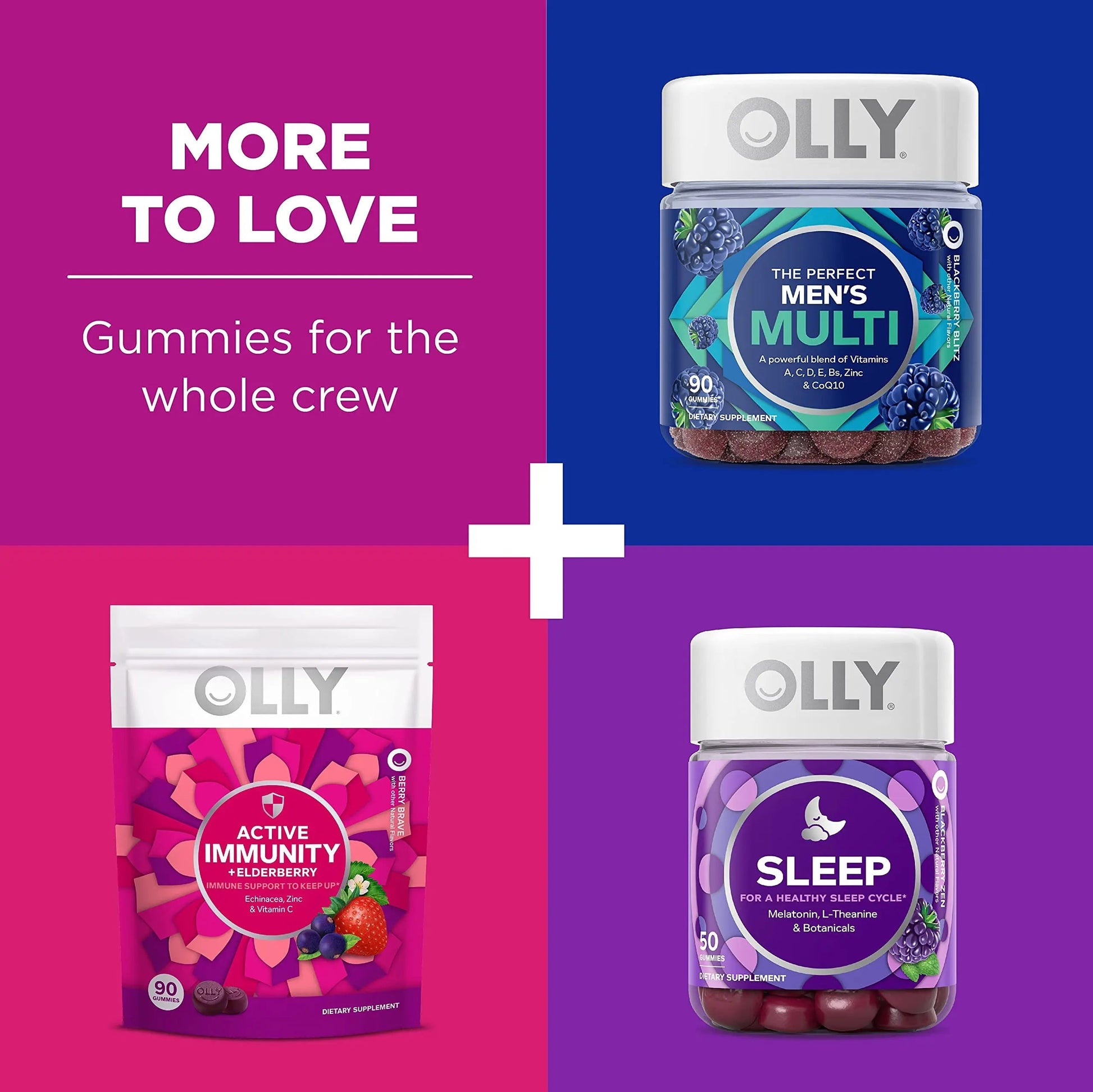 OLLY Gift, Family 2 Pack: Women's Multivitamin Gummy (90 Count), Kids Multivitamin + Probiotic Gummy (70 Count), Vitamins A, D, C, E, B, Chewable Supplement OLLY