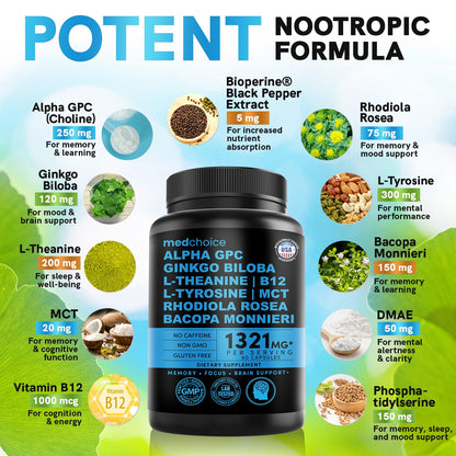 12-in-1 Nootropic Brain Supplement Anhydrous: Ginkgo Biloba for Brain Support, Memory and Focus - B12, Alpha GPC, L Theanine and Choline Supplements with Bioperine Non Caffeinated 1321mg (60ct) MEDCHOICEBuy Supplements Australia