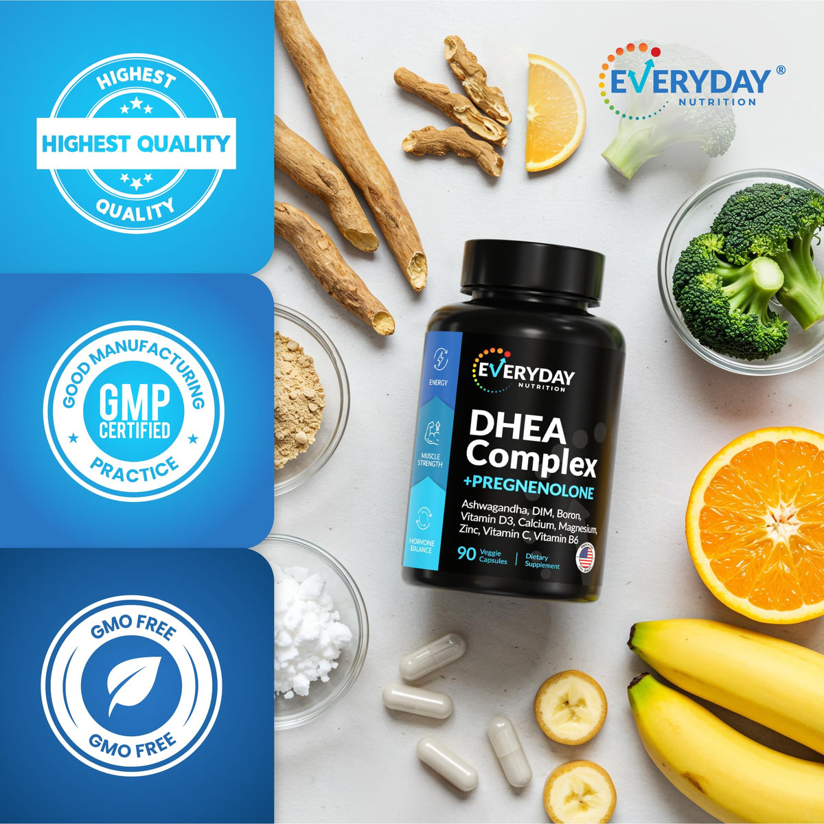 DHEA Micronized 200mg Complex with Pregnenolone 100mg Supplement for Men & Women with Ashwagandha, DIM, Magnesium, Boron, Calcium , Zinc, Vitamin D3, C and B6 Hormone Support - Made in USA 90 Capsules EVERYDAY NUTRITIONBuy Supplements Australia