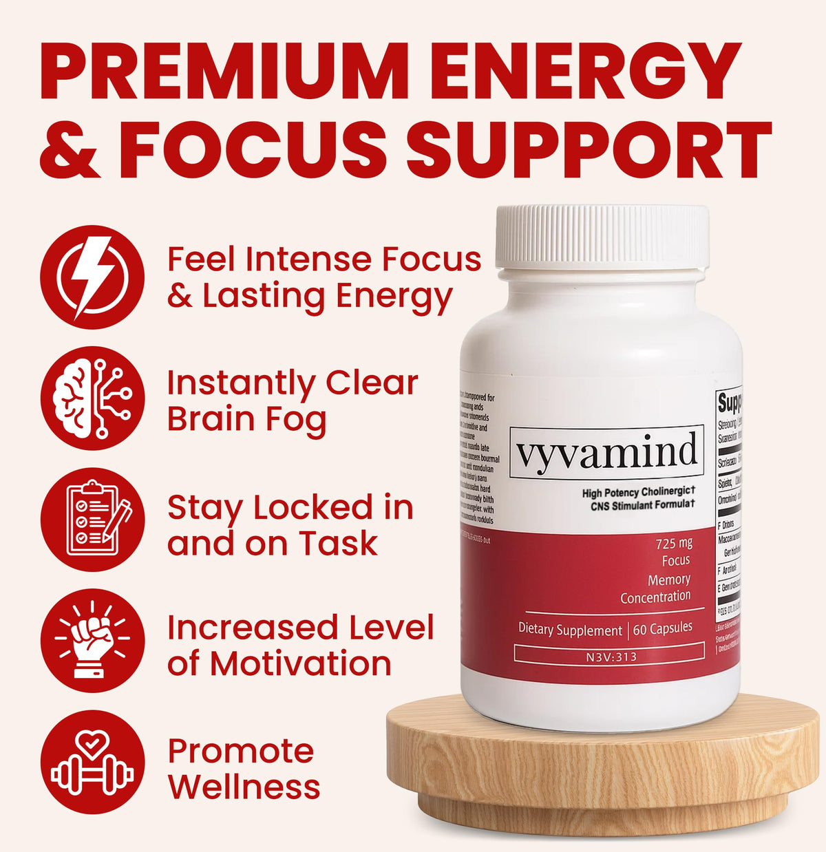 vyvamind Neurostimulant + Focus Aid Nootropic for Enhanced Concentration & Mental Clarity, Brain Support with Caffeine L-Theanine, Fast-Acting Cognitive Boost, 60 Capsules vyvamind Neurostimulant + Focus AidBuy Supplements Australia