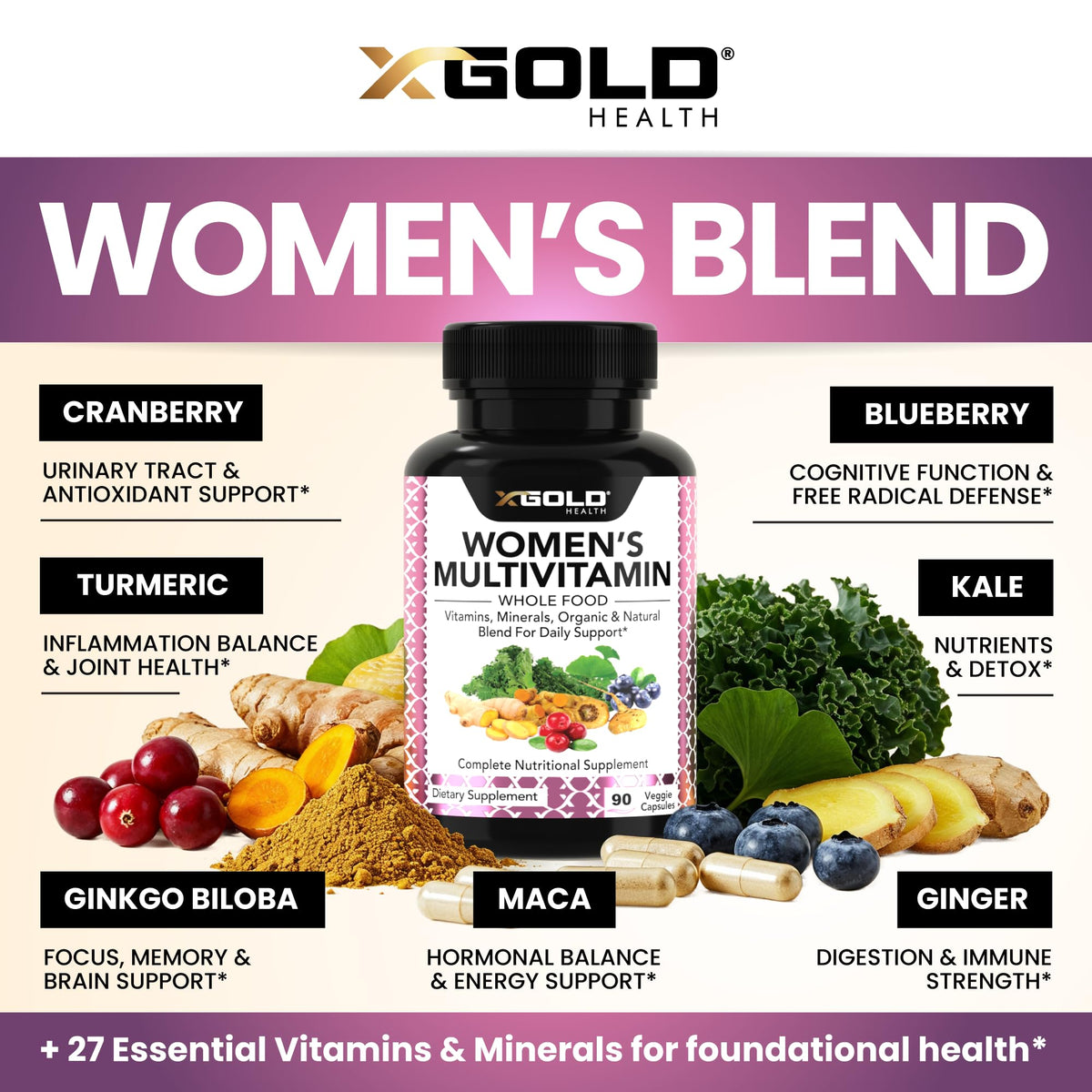 Vegan Women's Daily Multivitamin 50 Plus with Organic WholeFood Based Natural Ingredients, Ginger, Maca, Multi-Vitamin B Complex & More X Gold HealthBuy Supplements Australia