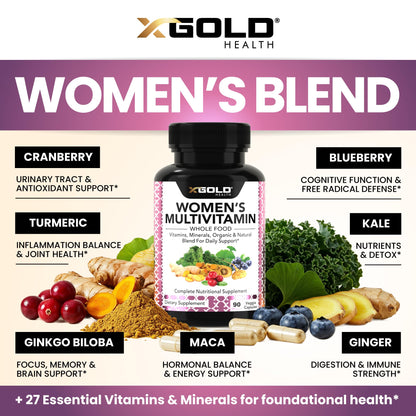 Vegan Women's Daily Multivitamin 50 Plus with Organic WholeFood Based Natural Ingredients, Ginger, Maca, Multi-Vitamin B Complex & More X Gold HealthBuy Supplements Australia